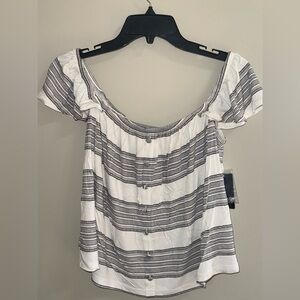 Off The Shoulder Striped Ruffle Sleeve Top